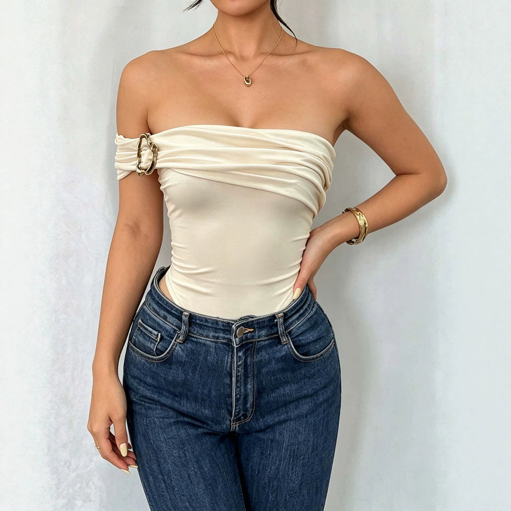 New Womens Elegant Jumpsuit With Off-shoulder Design Pleating And Metal Buttons