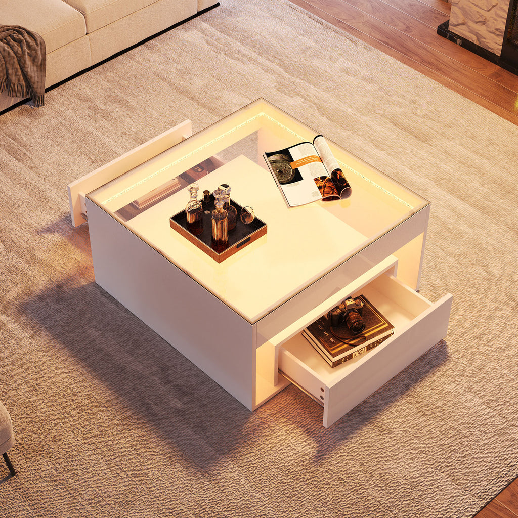 70 X 70 X 35 Cm Coffee Table,Side Table With 2 Drawer, Sofa Table, High Gloss Coffee Table,Living Room Table With Openwork Design,Desk And Dining Table In Tempered Glass With LED,White
