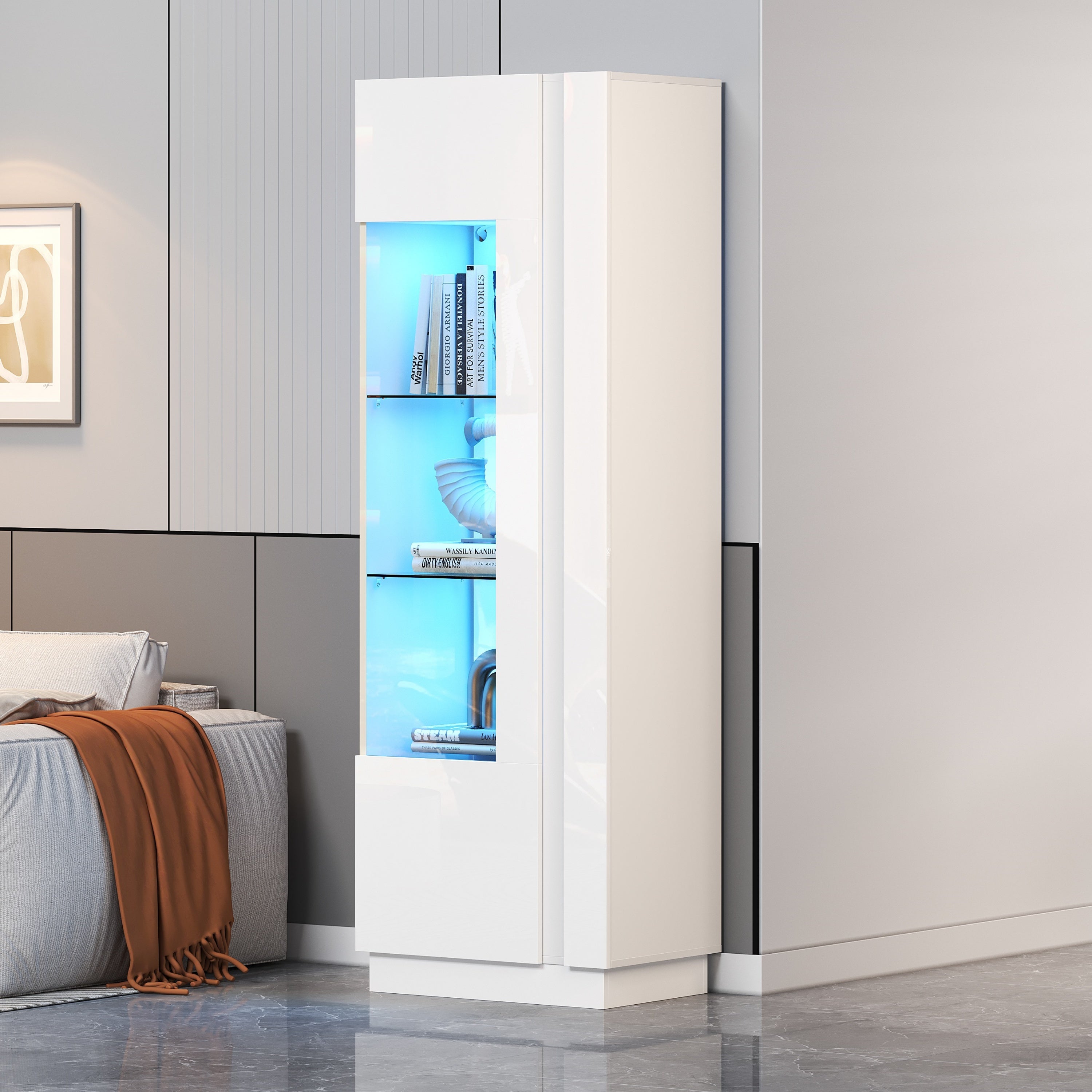 60x40x180cm Cabinet,Acrylic Display Cabinet Door,Display Cabinet High Gloss Storage Cabinet With LED Lighting, 3 Glass Shelves ,Highboard, Storage Cabinet, Tall Cabinet, Sofa Cabinet,White