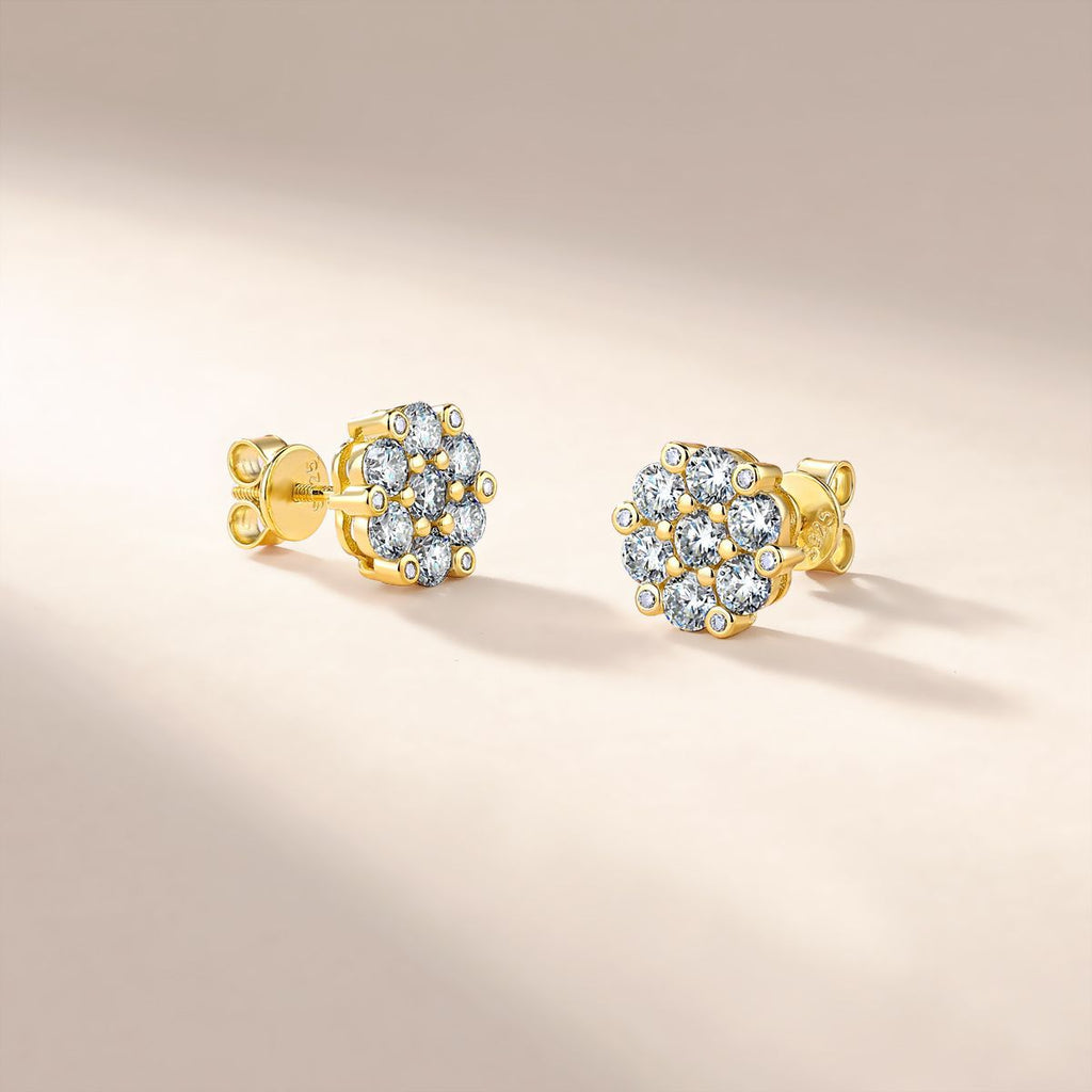 S925 Sterling Silver Floral Cluster Stud Earrings, 3mm D-VVS1 Moissanite Pave, Platinum Plated 2.5g Women's Jewelry Gift Box Set