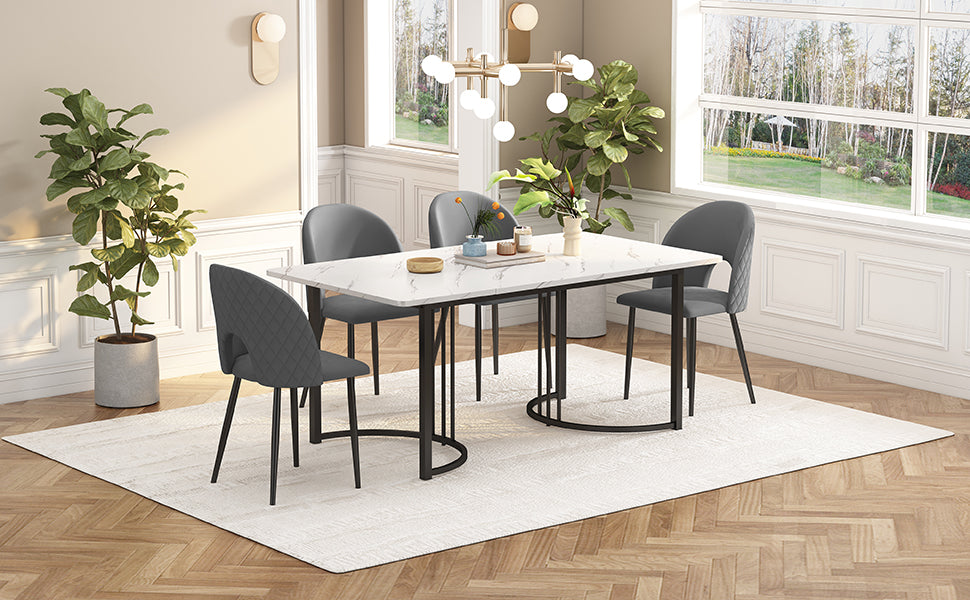 Dining Set, Set, 140x80cm Dining Table With 4 Chairs Modern Kitchen Table Set, Velvet Dining Chair With Diamond Pattern, Adjustable Chair Legs, Gray Velvet, MDF Tabletop In White, Black Table Legs