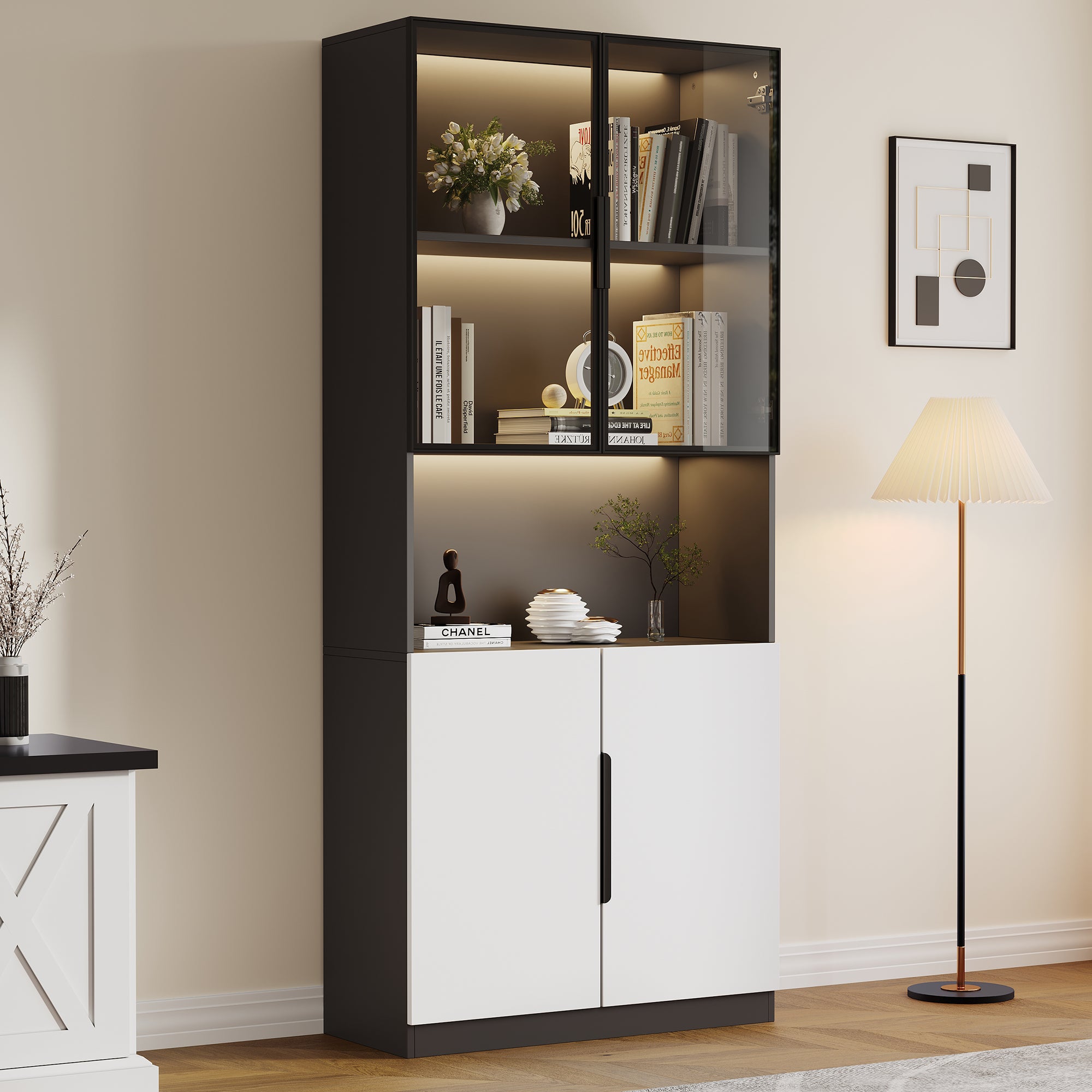 Modern Minimalist Display Case With Glass Doors, Display Case With LED Lights, Bookcase For Collectibles, Adjustable Color Temperature And Brightness, White Doors With Black Decoration, 80x30x200cm