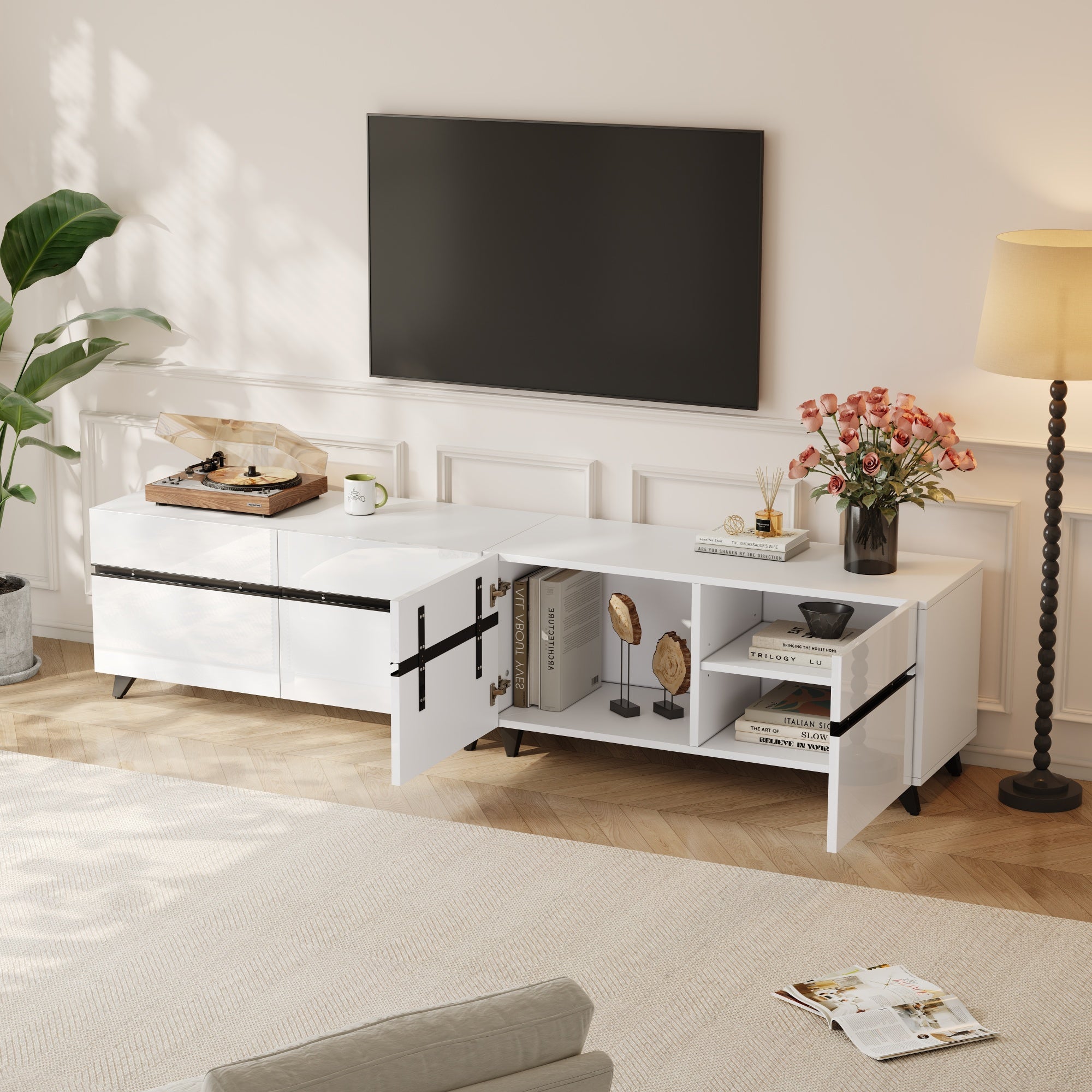 180X40X49cm TV Cabinet,High Gloss TV Cabinet, Lowboard With 4 Cabinets And Adjustable Dividers,Living Room Cabinet With 8 Table Legs, Recommended Load Capacity 52kg,Suitable For 80 Inch TV