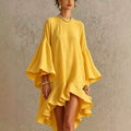 Asymmetrical Round-neck Dress With Puff Sleeves And Ruffled Trim