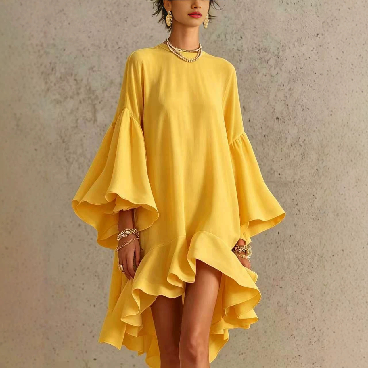Asymmetrical Round-neck Dress With Puff Sleeves And Ruffled Trim