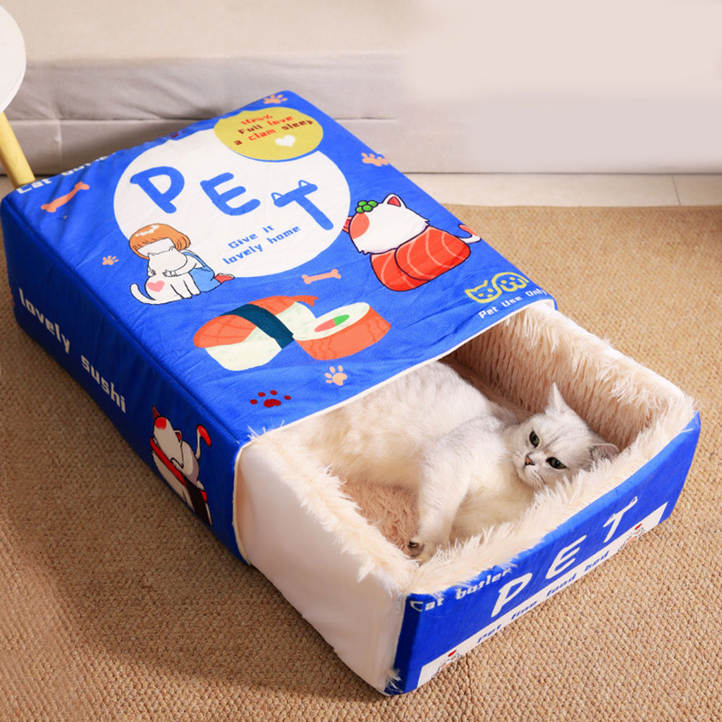 Snack Box Cat Bed Cartoon Rectangular Fully Enclosed Four Season Universal Multifunctional Soft Pet Bed For Home Travel Blue