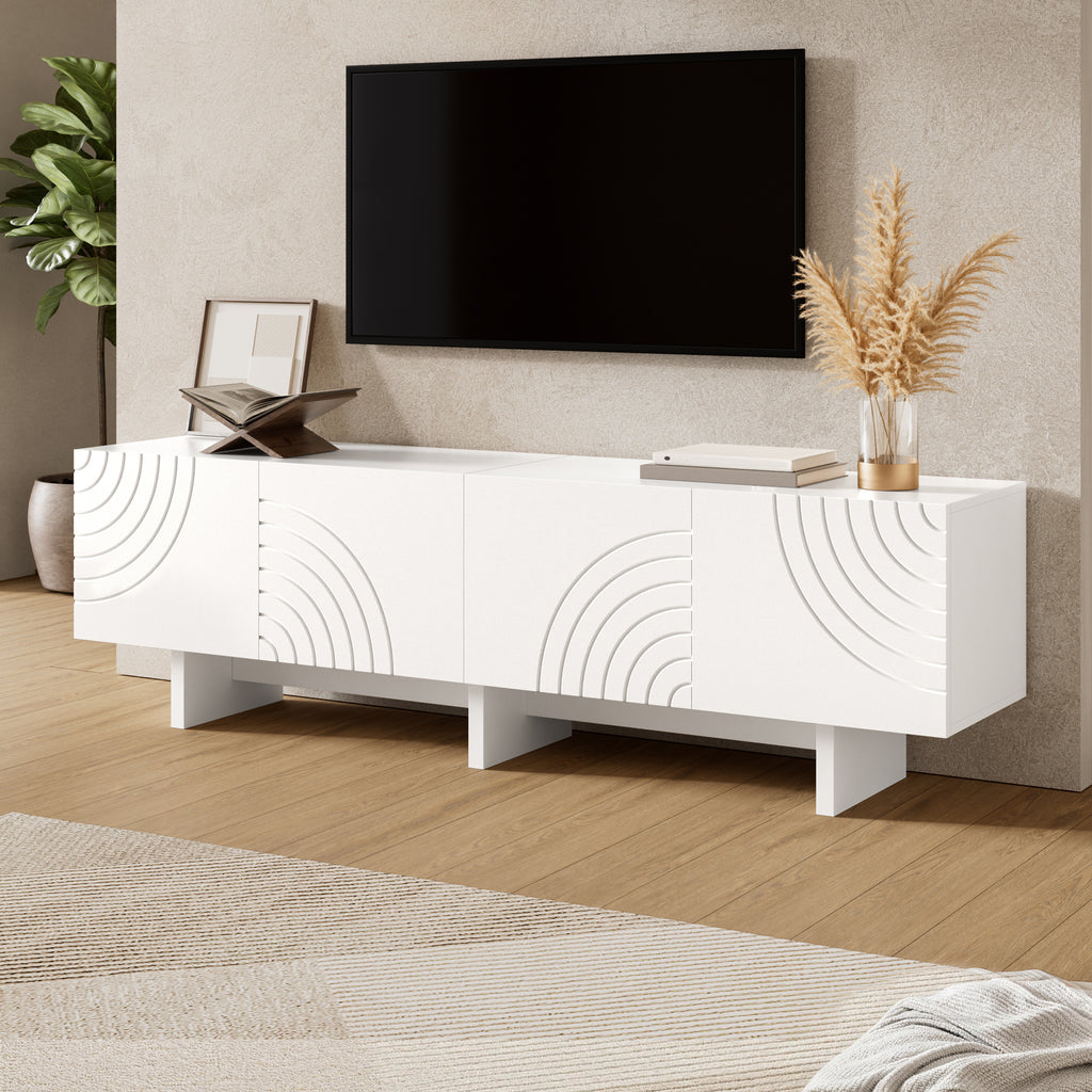 Modern TV Cabinet With 4 Doors And Geometric Arch Pattern, White TV Lowboard With Decorative Relief Fronts And Central Partition, TV Cabinet With Storage Space For Living Room