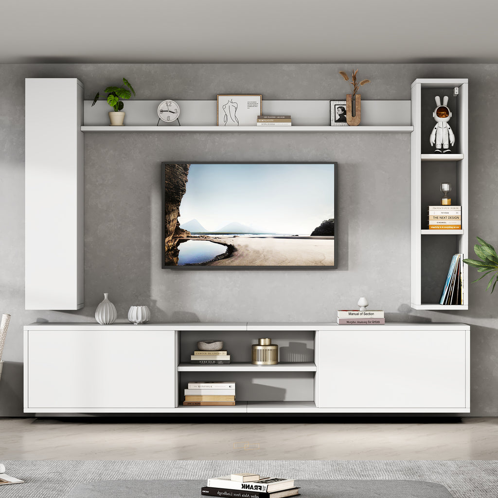180x35x33.5cm TV Living Wall Set With Showcases Complete Set, 4-Piece,Media Wall Incl.TV Board, Stand Rack And 2 Wall Racks,TV Living Room Furniture Set,TV Wardrobe, Standing&Hanging,TV Up To 80,White