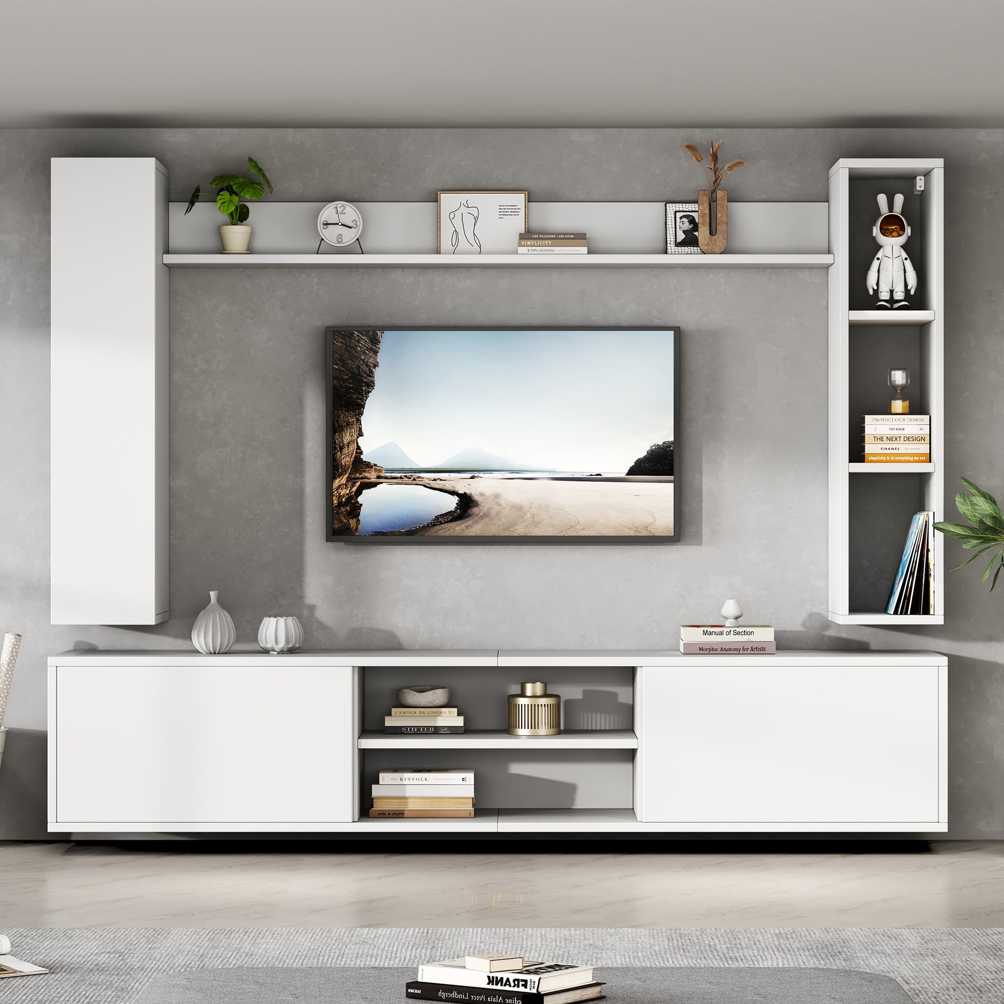 180x35x33.5cm TV Living Wall Set With Showcases Complete Set, 4-Piece,Media Wall Incl.TV Board, Stand Rack And 2 Wall Racks,TV Living Room Furniture Set,TV Wardrobe, Standing&Hanging,TV Up To 80,White