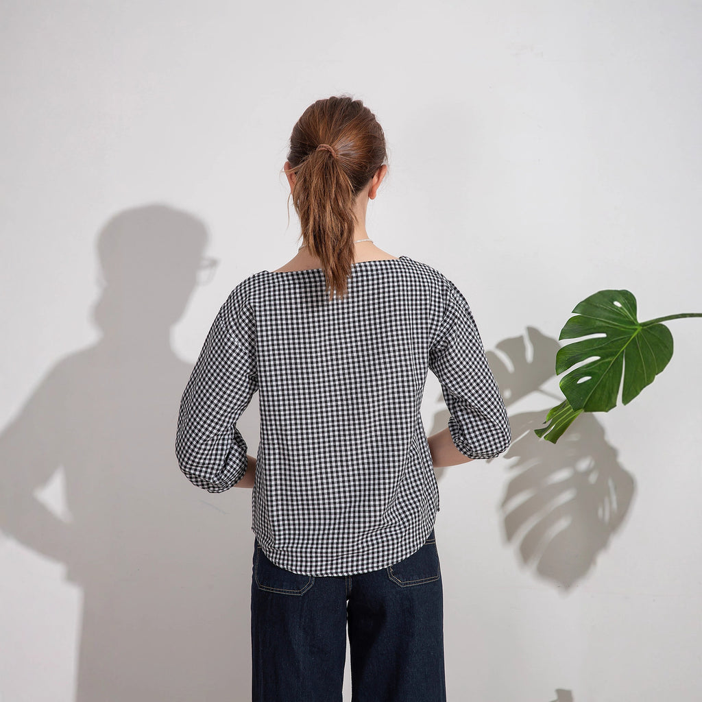 Women's Gingham Check Boat Neck Puff Sleeve Blouse Casual Loose Fit 3 4 Sleeve Top