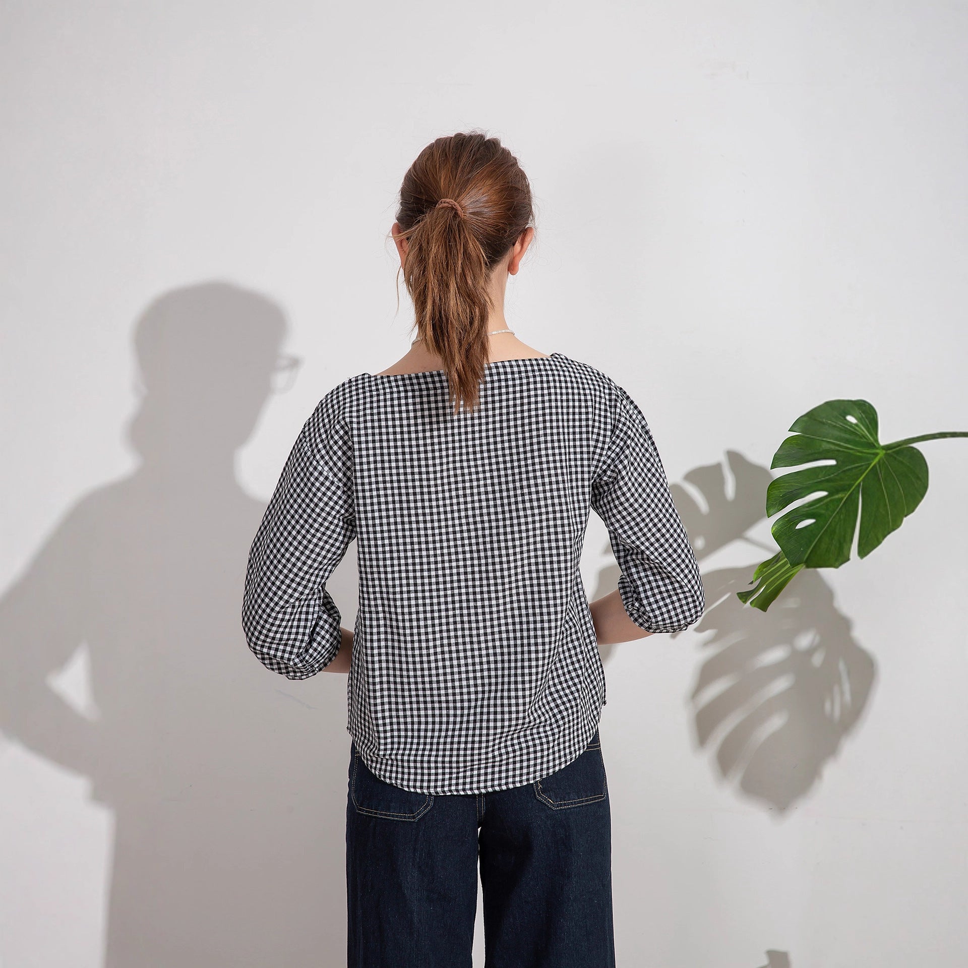 Women's Gingham Check Boat Neck Puff Sleeve Blouse Casual Loose Fit 3 4 Sleeve Top