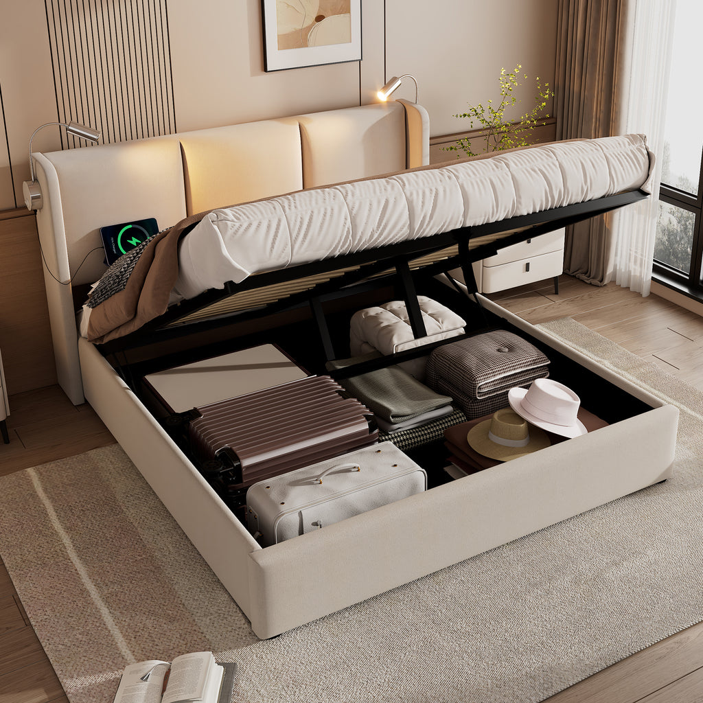 Upholstered Bed Double Bed Storage Storage Storage Reading Light With USB Charging Function Headboard, Storage Beds Bed Frame Made Of Linen Material Youth Bed 140x200 With Slatted Base Without Mattre