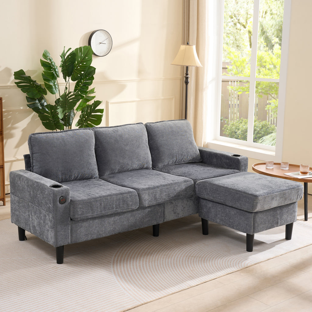 Upholstered Sofa & Couch With USB & Type-C Ports, 3 Seater Sofa With Dual Cup Holders For Living Room, Apartment, Lounge & Bedroom - L-Shaped Sofa Bed, Grey, Linen