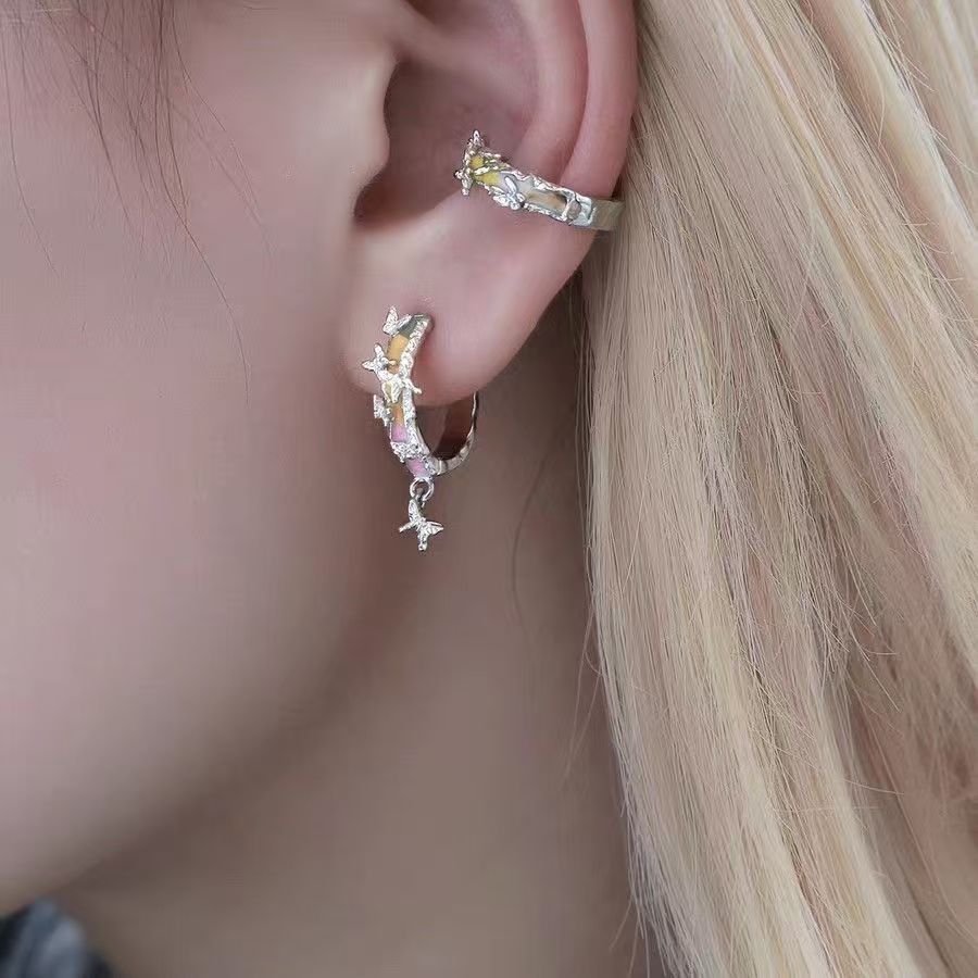 Ins Niche Original Design Mint Butterfly Huggie Earrings, Dark Red High-End Trendy Bestseller Ear Jewelry