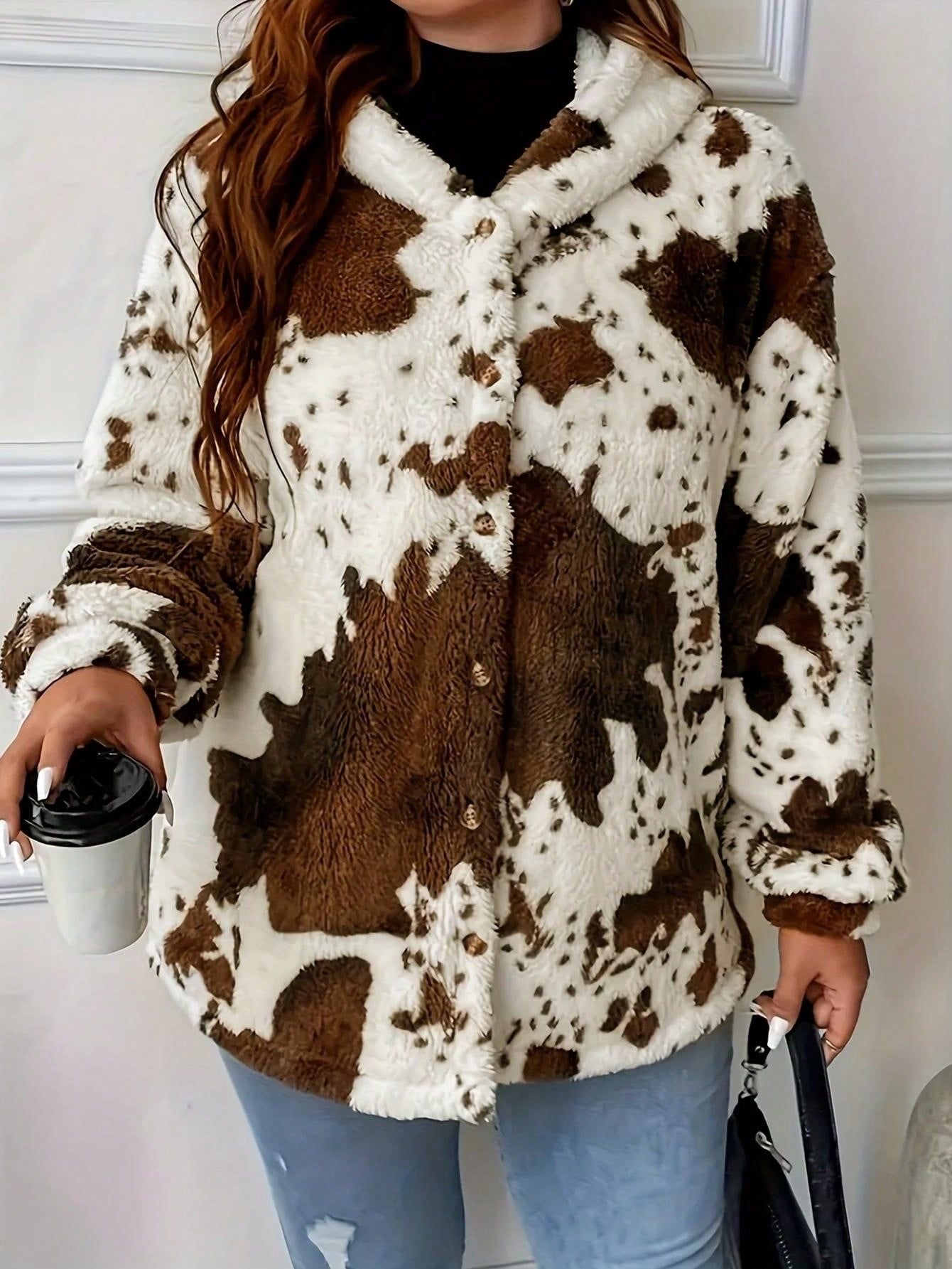 Women's Cow Print Button Plush Coat, New European & American Casual Fashion Hoodie