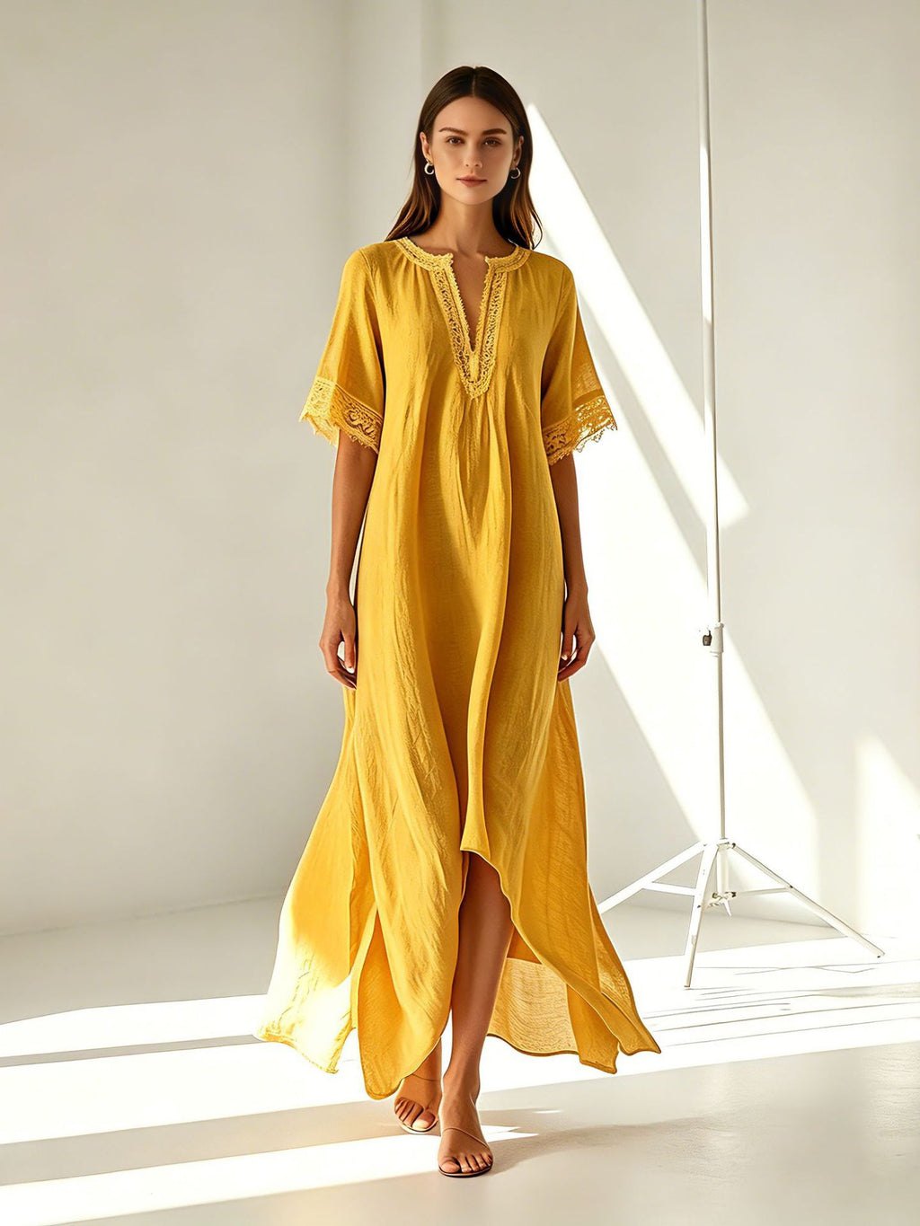 V-neck Short-sleeve Slit Bohemian Resort Dress