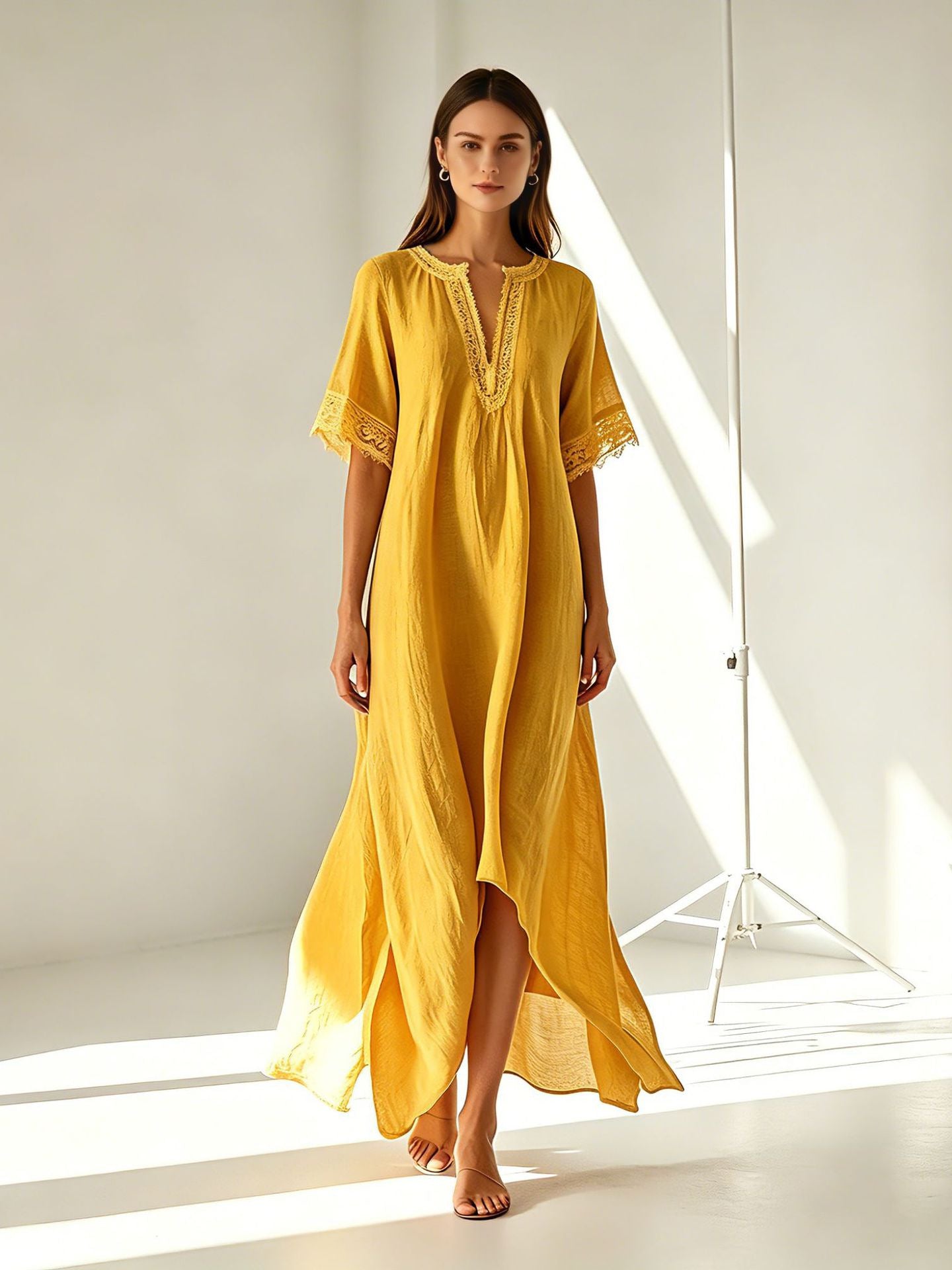 V-neck Short-sleeve Slit Bohemian Resort Dress