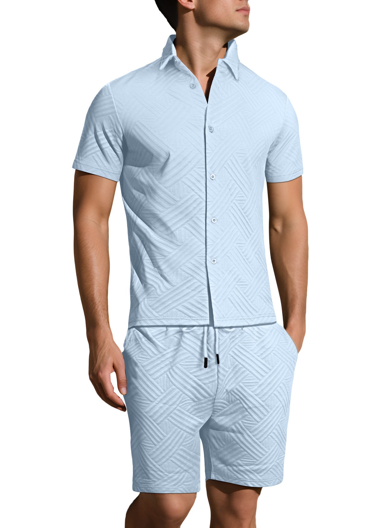 Mens Solid-Color Jacquard Shirt Casual Two-Piece Set