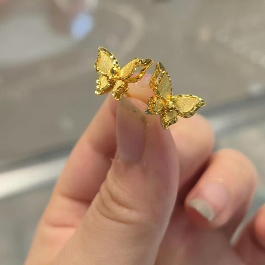 New Chinese Style Mirror Flower Butterfly Dream Sparkling Double Layer Butterfly Stud Earrings, Delicate Compact Gold High-End Temperament Ear Jewelry For Women