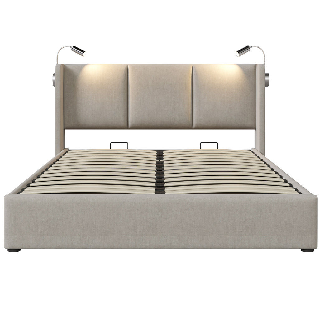 Polsterbett Doppelbett Stauraum Bettkasten Leselicht Mit USB Ladefunktion Kopfteil,Stauraumbetten Bettgestell Aus Leinenmaterial Jugendbett 140x200 Mit Lattenrost Mit Matratze