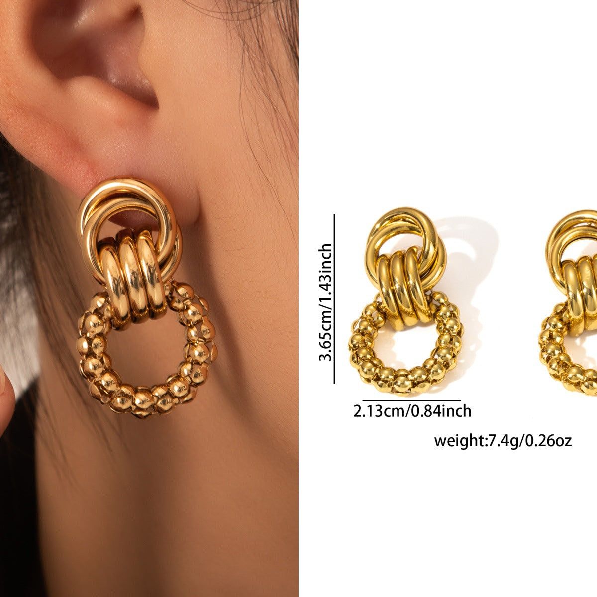 Elegant Gold Tone Titanium Steel Earrings, Niche Light Luxury Premium Stainless Steel Anti-Fade High-End Jewelry For Her