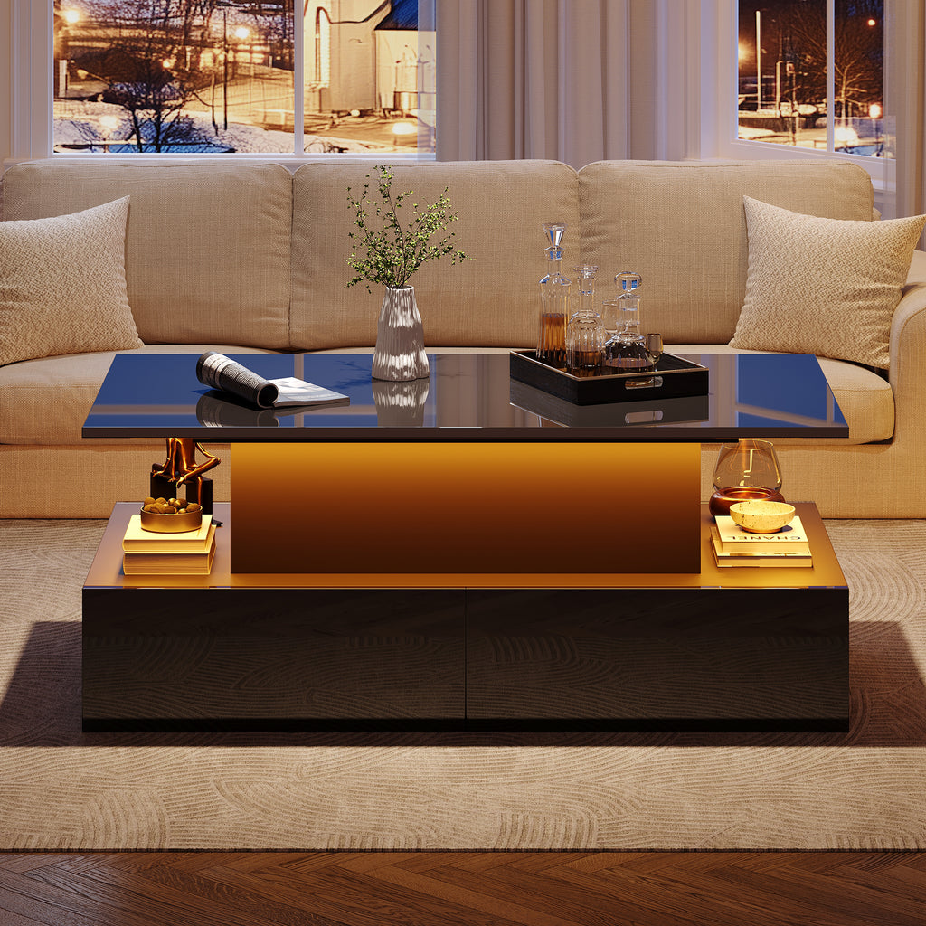 Modern Black High Gloss Coffee Table With LED Lighting And 4 Drawers - Stylish Side Table 90x55x41 Cm With Storage For Up To 30 Kg