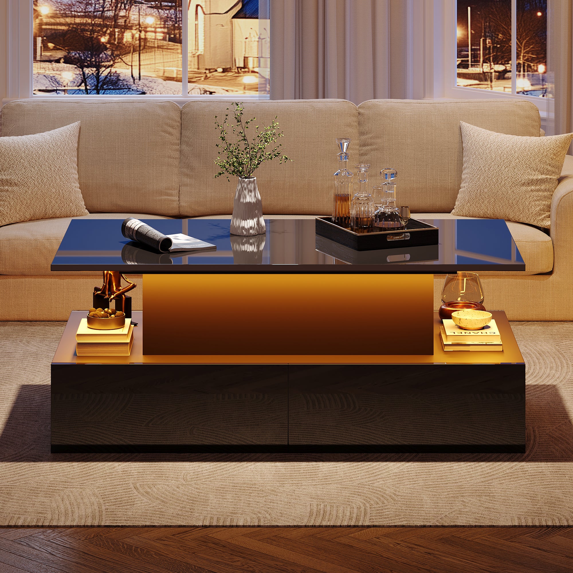 Modern Black High Gloss Coffee Table With LED Lighting And 4 Drawers - Stylish Side Table 90x55x41 Cm With Storage For Up To 30 Kg