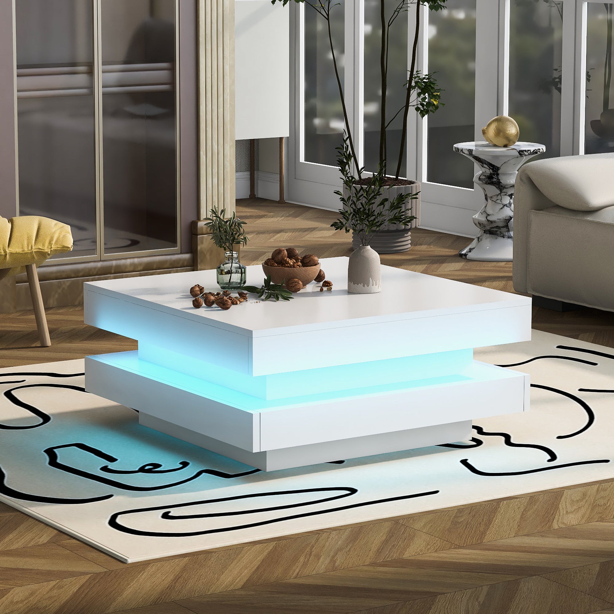 Square White Coffee Table  Modern Tech Style, With Bluetooth LED Strip, 70 X 70 X 36 Cm, Max. Load 45 Kg