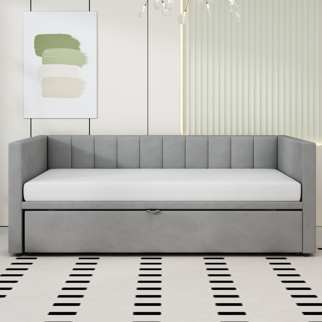 Upholstered Pull-out Sofa Bed 90 180 X 200 Cm With Slatted Bases Multifunctional Bed In Skin-friendly Grey Velvet Old SKU LDU00058AAG.