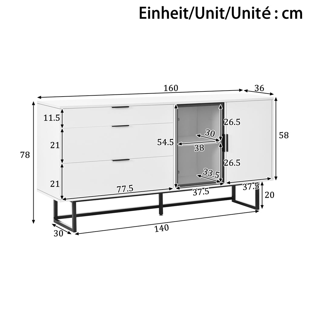 White Sideboard, Display Cabinet, Storage Cabinet, Modern Luxury Dining Cabinet, Three Drawers, Glass Doors, With LED Light Bar