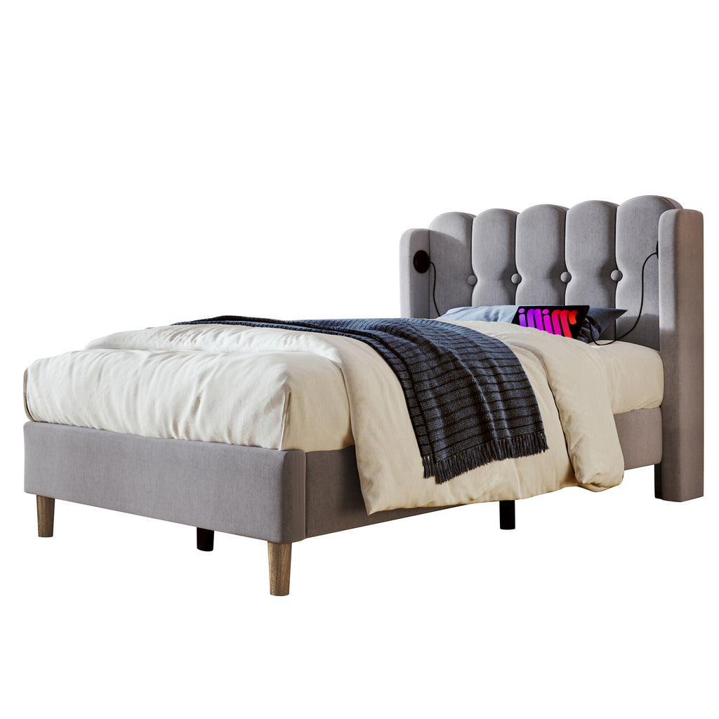 Upholstered Bed Single Bed With USB Type C Charging Function, Bed Frame With Slatted Frame, Upholstered Bed In Grey,90 X 200 Cm Bed Frame Youth Bed For Bedroom Guest Room Linen Material