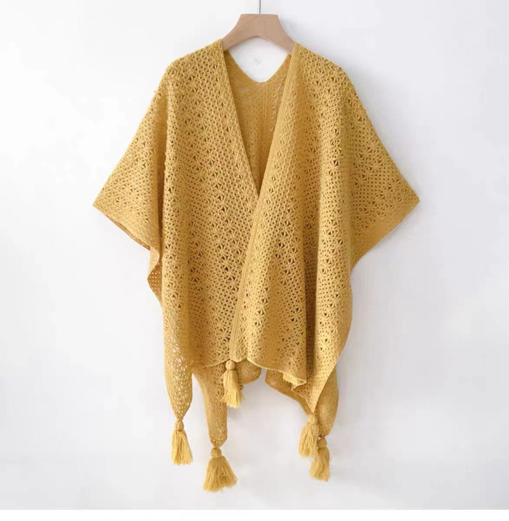 Womens Knitted Tassel-Trimmed Open-Front Cape For Photos