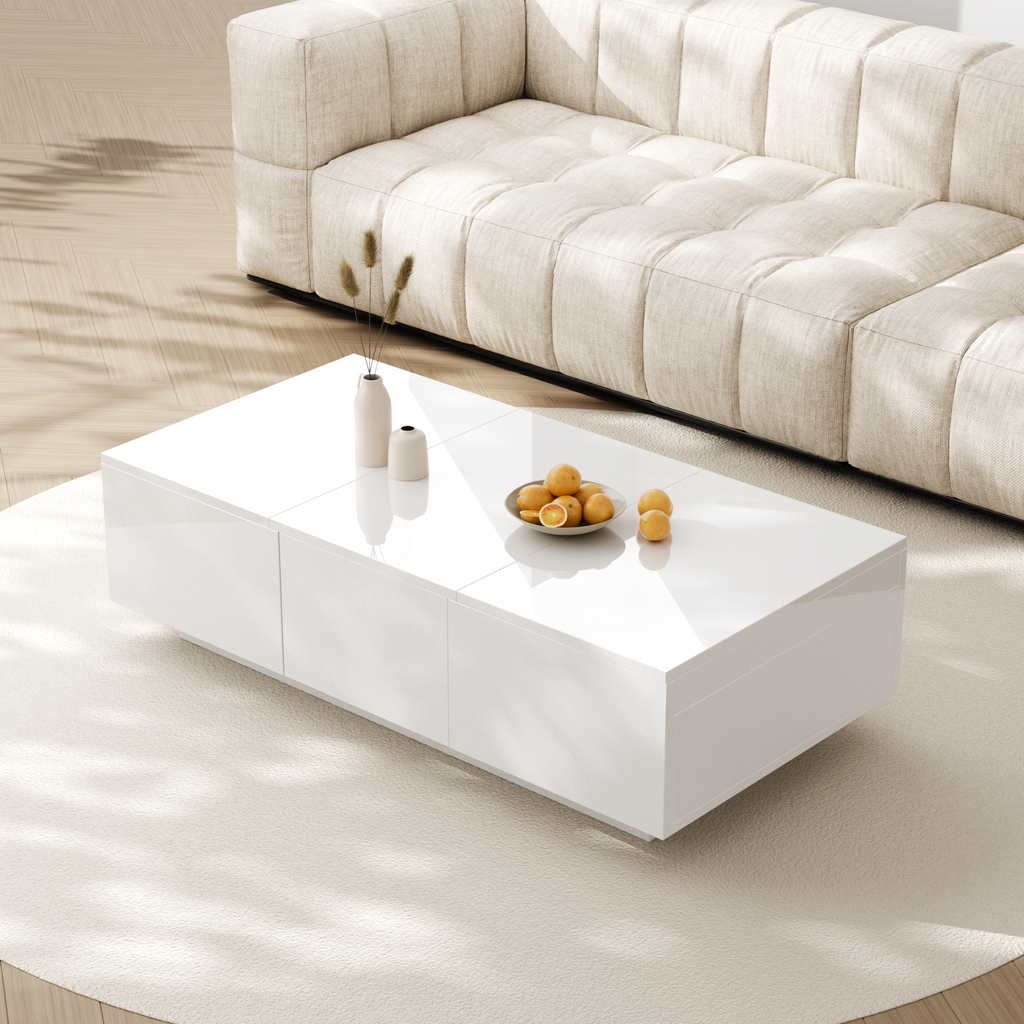 High-gloss Coffee Table With Push-pull Storage Design And Double-sided Drawers.