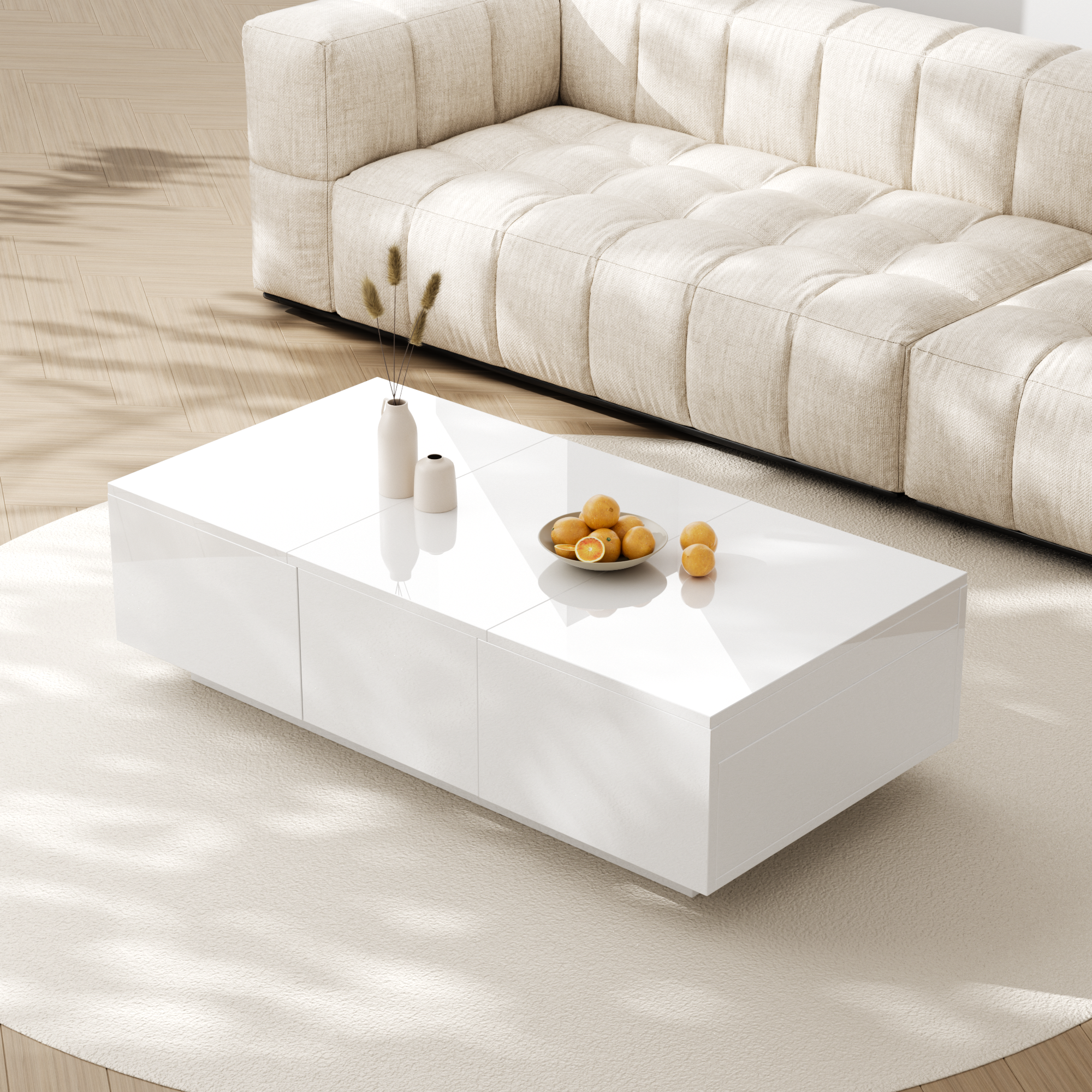 High-gloss Coffee Table With Push-pull Storage Design And Double-sided Drawers.