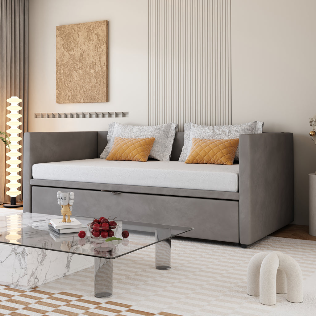 Upholstered Bed Pull-Out Sofa Bed 90 180x200 Cm With Slatted Frames, Multifunction Bed Made Of Skin-Friendly Velvet Fabric Gray