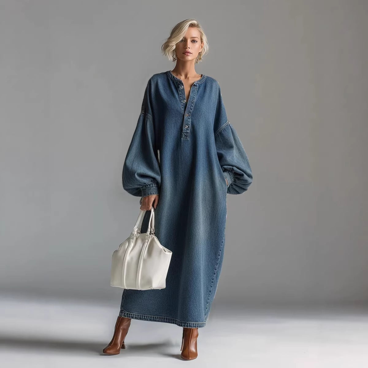 Retro Plus-Size Stand-Neck Mid-Length Denim Skirt For Women