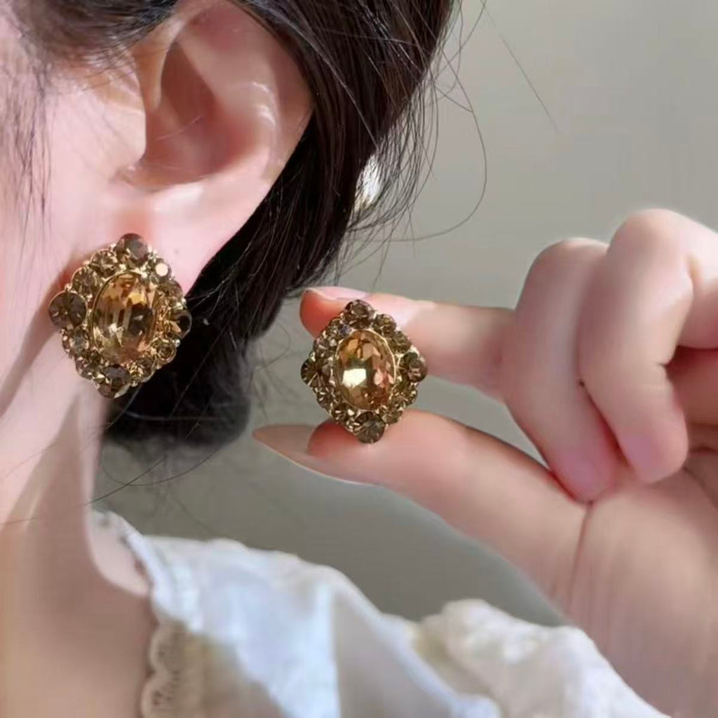2026 Bestselling Maillard Retro Coffee Rhombus Full Rhinestone Snap Hoop Earrings, Sparkling Luxury Diamond Inlaid Ear Buckles For Women