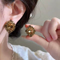 2026 Bestselling Maillard Retro Coffee Rhombus Full Rhinestone Snap Hoop Earrings, Sparkling Luxury Diamond Inlaid Ear Buckles For Women