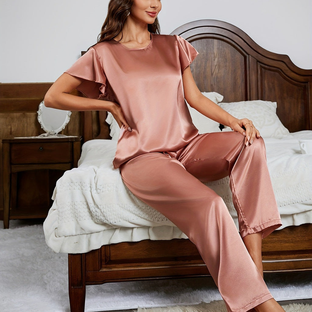 Long Pants And Short-sleeve Loose-fit Faux Silk Loungewear Set
