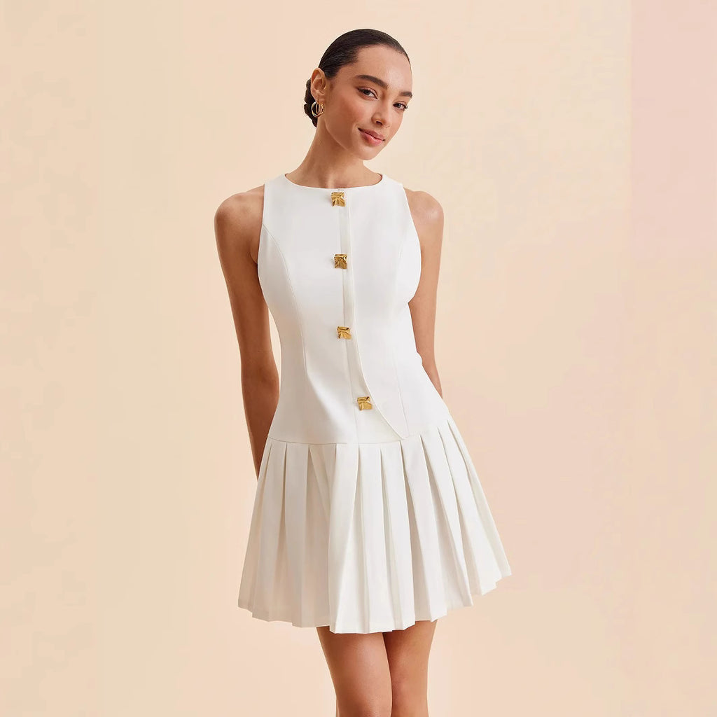 Womens Elegant Sleeveless Pleated Dress