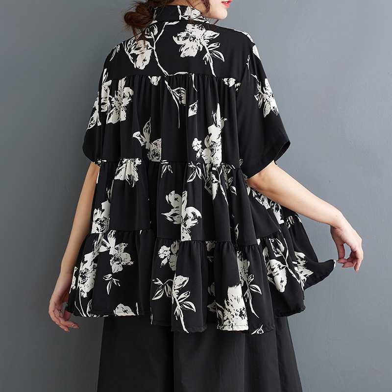 Ink Wash Print Chiffon Blouse Women Summer Loose Fit Plus Size Artistic Style Short Sleeve Top