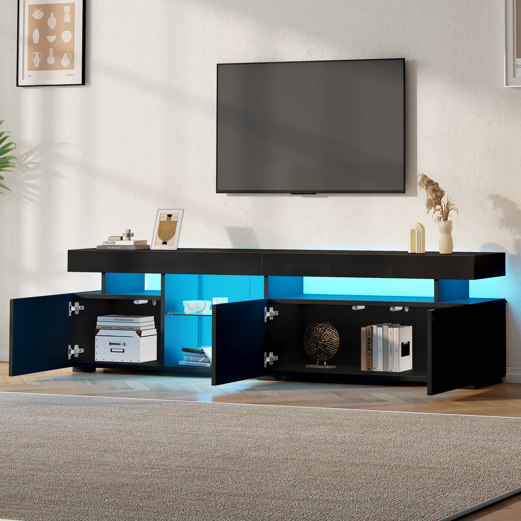 180 X 35 X 45 Cm TV Cabinet, Lowboard, High-gloss TV Cabinet With 3 Doors, Adjustable Shelves Made Of Tempered Glass, Suitable For TVs Up To Approx. 80 Inches, Chipboard, Black