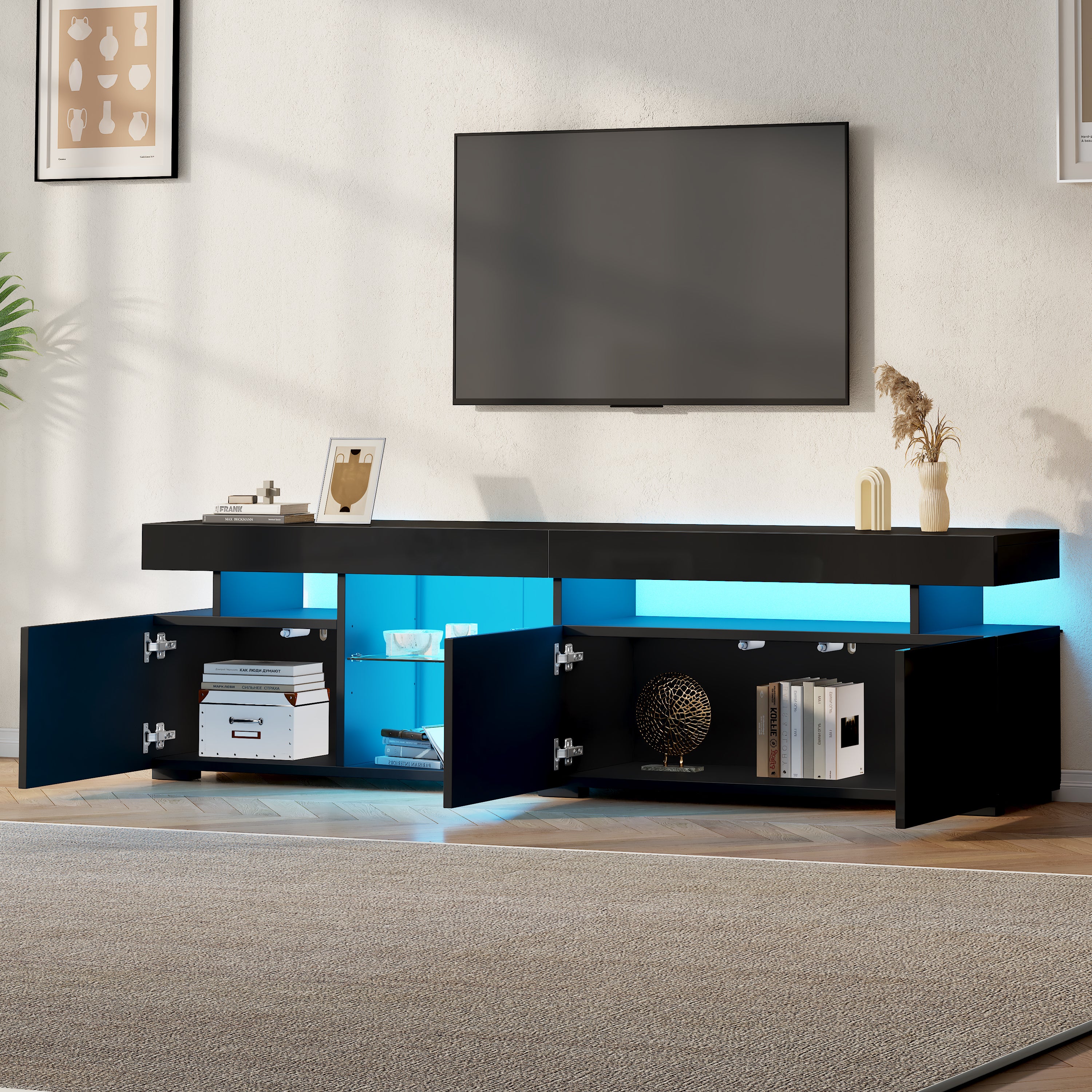 180 X 35 X 45 Cm TV Cabinet, Lowboard, High-gloss TV Cabinet With 3 Doors, Adjustable Shelves Made Of Tempered Glass, Suitable For TVs Up To Approx. 80 Inches, Chipboard, Black
