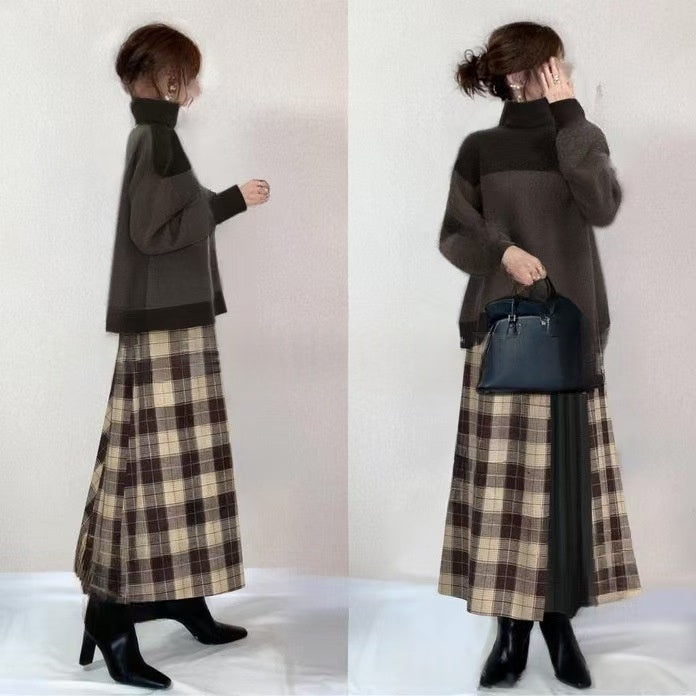 Color-block Sweater Plaid Color-block Skirt Two-piece Set