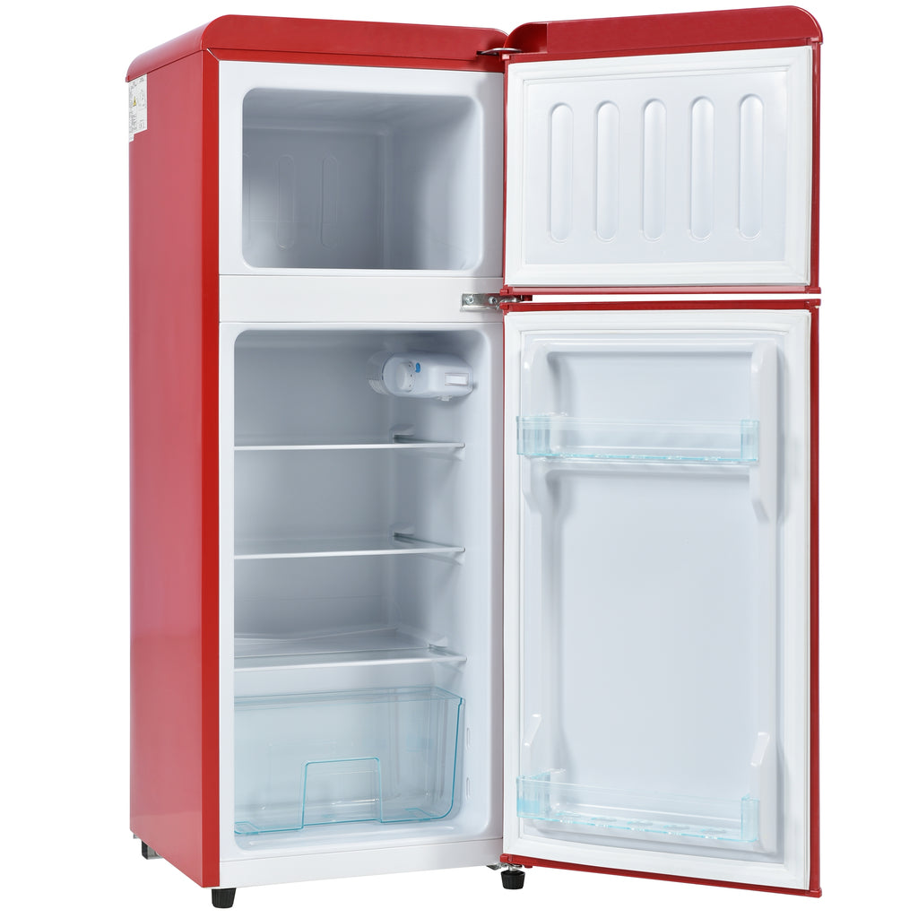 Retro Fridge-freezer Combination105.5 Cm High, 41 Cm Wide, Two-door92-liter Total Capacity, 28-liter Freezer Capacity. Features Door Shelves And Glass Shelves. 116 KWhyear, Temperature Range