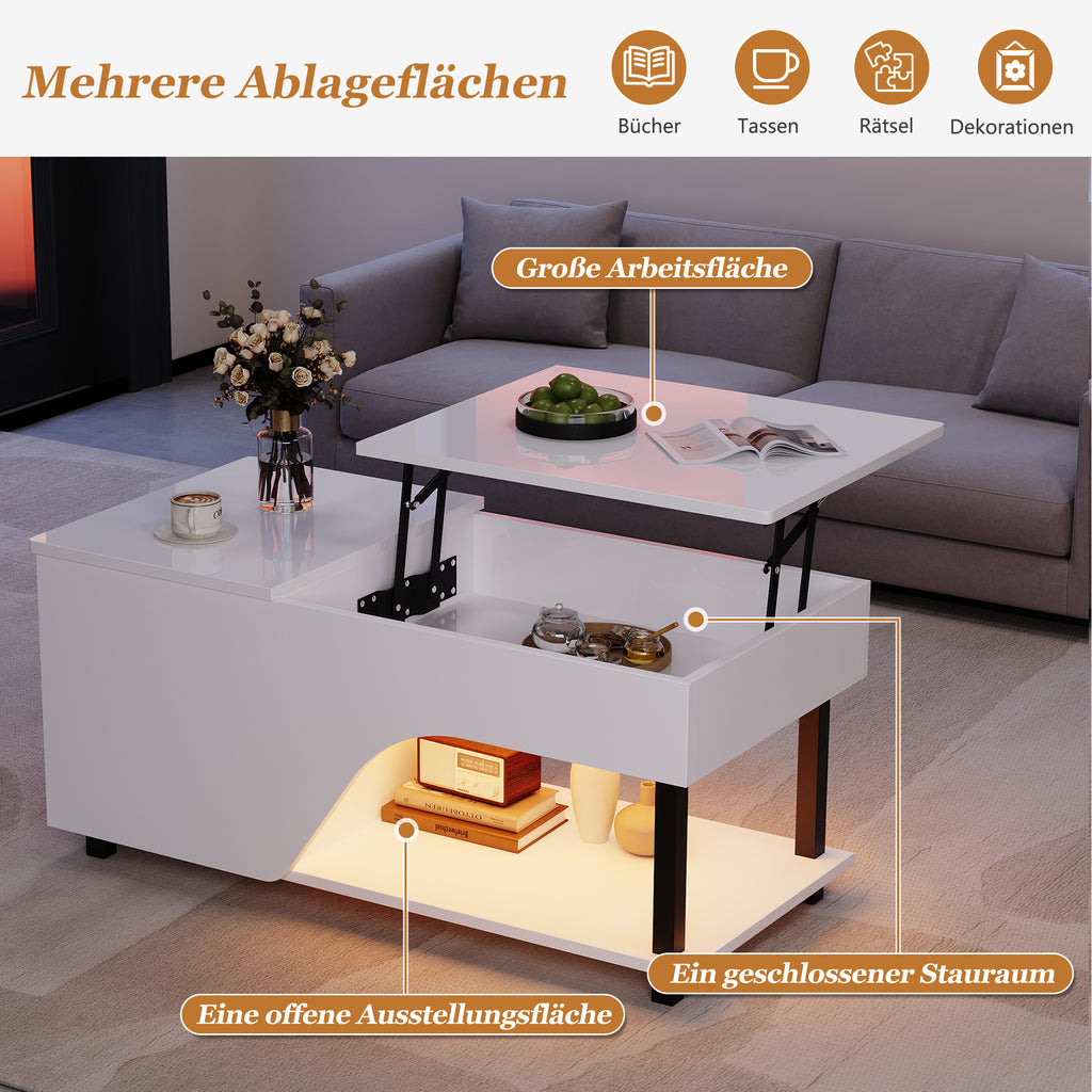 50 X 100 X 46cm Height Adjustable Living Room Coffee Table,Side Table With Hidden Storage,Openwork Coffee Table,High Gloss LED Sofa Table,Tea Table With Side Shelf,White