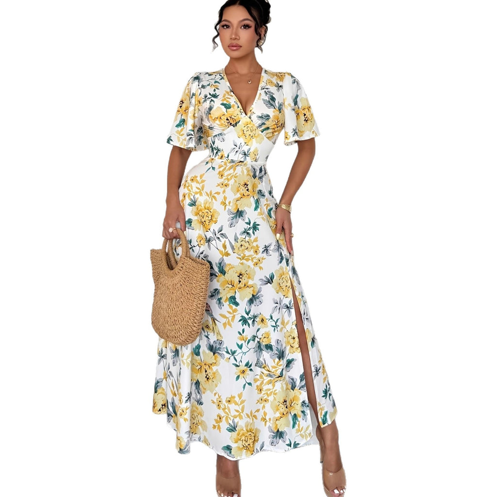Waist-cinching Figure-flattering Short-sleeved Slit Dress