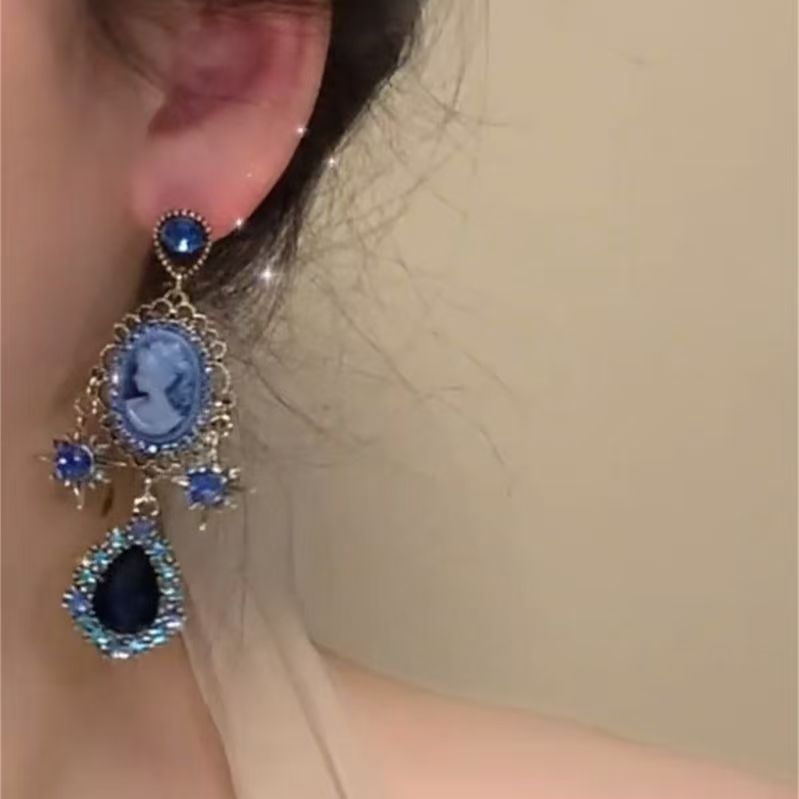 Vintage  Style Light Luxury Tassel Earrings, Exquisite Designer High-End Blue Elegant Jewelry For Noble Ladies