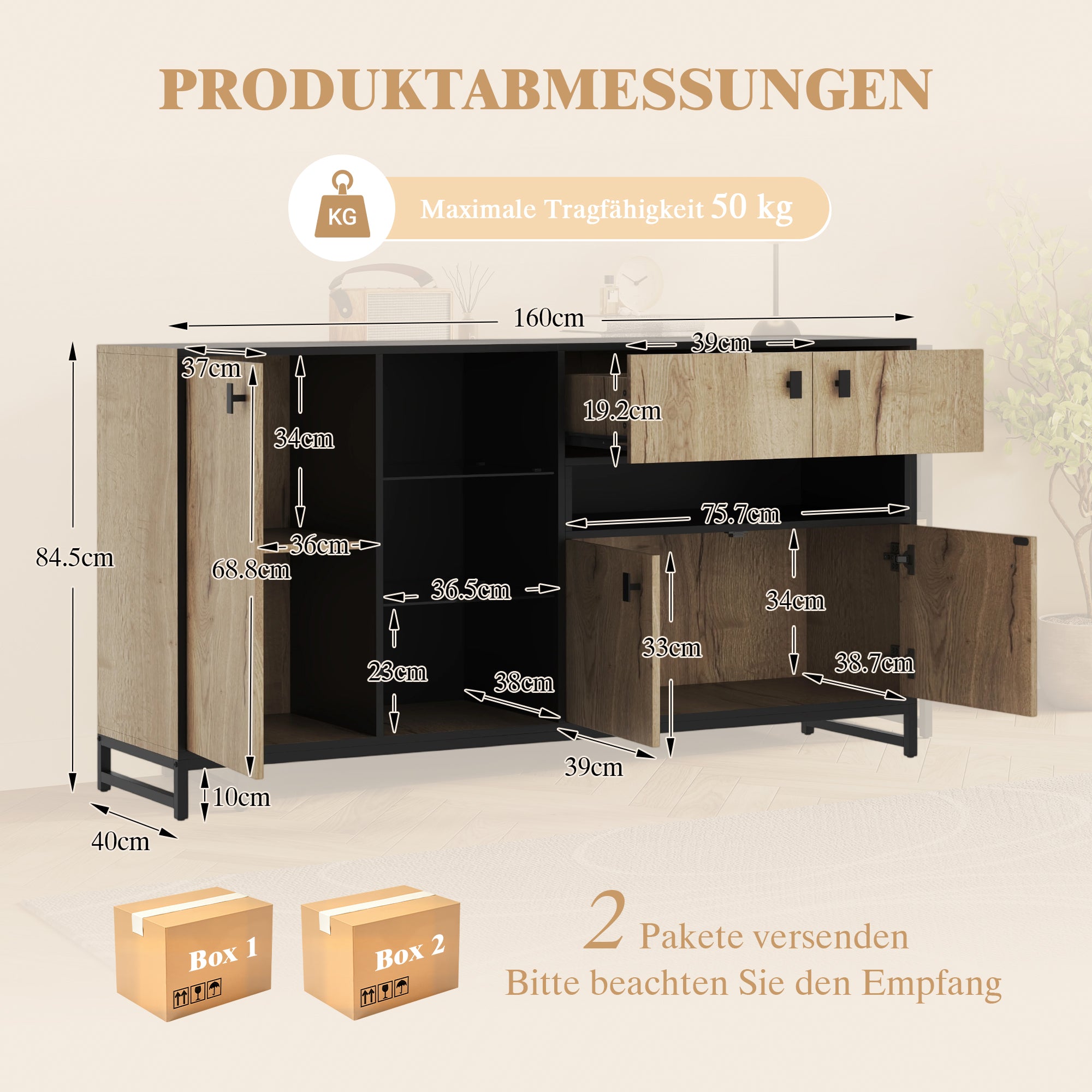 Modern Minimalist Storage Cabinet With Double Doors, Open Shelf, Glass Shelves And Adjustable Interior Dividers  Versatile Storage Solution For Living Room, Dining Room And Office.