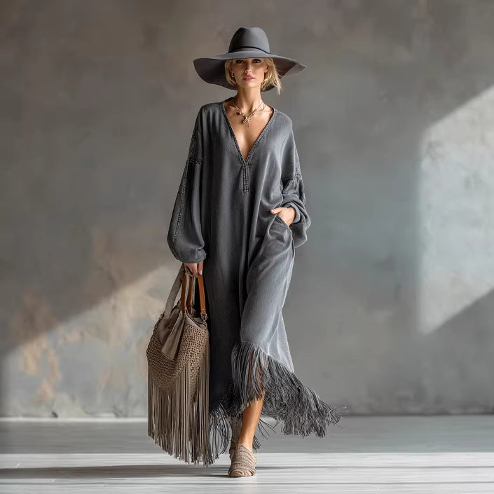 Gray Denim Long-sleeve Dress